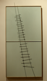 From "Emancipation Series," 52"x 24" $2,800. "This was an experiment that evolved from some sketches I prepared for a commission at Parc 55 hotel in San Francisco," says Garcia. "I began to break the frame and the surface—in this case with a welded steel rod to create a ladder that is suspended and projects a shadow on the surface." Photo by Beat Exposure.  Photo 4 of 7 in Alex Garcia Exhibit