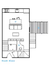 The First Floor plan

C: Kitchen/Dining/ Living Area

D: Deck

E: Bathroom
