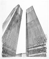 This ink drawing on mounted paper board is from 1963 and shows how powerfully tall the World Trade Center would be.