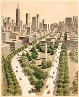 Here, in a perspective drawing from 1983 for the Chicago masterplan, Diniz invites the viewer down a wooded highway into the city center.