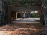 A view from the pine needle courtyard across the living and dining room to the main courtyard. The cropped tree on the right side of the image is the existing mature pine tree which was retained as a key design element.  Photo 8 of 14 in Dwell Home Venice: Part 3