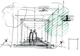 Renzo Piano's sketch of his vision for the transparent connector between the historial palace and the contemporary wing of the Gardner museum.