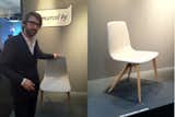 Marcel By is a new company that issues limited editions by contemporary French designers. At left, Noé Duchaufour-Lawrance explaining his Bamby Chair for Marcel By. It's got felt (check), pale wood (check), and an innovative base whose legs look like a newborn fawn walking for the first time.