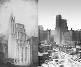 At left, a preliminary drawing of the Telephone Building at 212 West 18th Street from the late '20s. The building at completion, photographed in 1931 (at right), which shows the lack of a full-height spire, something the Walker Tower developers are planning to add back at penthouse level.