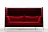Alcove Sofa Highback, Vitra, 2007. Alcove highback loveseat with integrated desktop Chromed steel, polished aluminium, fibreglass, foam, fabric, MDF, leather. 1265 × 840 × 1360 mm/50 × 33 × 53.5 inches; Vitra, Switzerland