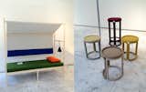 More from the Kvadrat exhibition at Jil Sander: Jonah Takagi's Basecamp (left) and Philippe Malouin's stools (right) form a colorful counterpoint to the space's sleek, white marble floors.