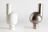 Two examples of Kaiser's irreverent Wayward vase silhouette. In the version at left, the cylinder plus sphere combo has a textured surface made by treating dark clay with slip, iron ore, sanding, and repeated firings. The version at right has a platinum overglaze over a matte metallic glaze.  Search “lyngby vase” from Ceramics Artist to Know: Matthias Kaiser