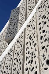 The pattern on the panels, which can be opened or closed, was inspired by a coral reef. The exterior shell acts as a sun screen that helps keep the structure cool.