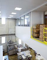 Windows fill the double-height manufacturing space with natural light.