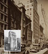 Inset: Cass Gilbert's rendering of the Assyrian-style tower at 130 West 30th Street in Manhattan. The archival photo shows the streetscape in 1930. According to the New York Times, the loft building was unusual not for its setback design, but "the ornamental program of Assyrian reliefs in polychrome terra cotta [that] make it one of the brightest spots in the area."