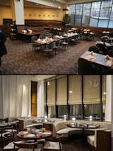 As the Hyatt’s John Yeadon explains, the need to break up larger and more impersonal elements was a major force driving the renovation. The team traded an uncomfortably open dining area (shown at top) in favor of curtained niches and intimate nooks (below). The new menu features Nordic fare but also Minnesota-based cuisines derived from Scandinavian traditions, among others.