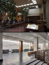 The entryway was radically changed, which helped improve circulation. A hard-to-find service counter was replaced with individual check-in stations made from rough-hewn local granite. The new interior design solutions, shown in the lower image, rendered the need for wayfinding maps and floor plans largely redundant.