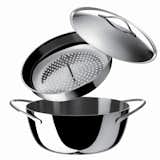 Time to dust off the cobwebs and throw out any of those rusting pots. Alessi's beautiful, sleek cooking pots are made of multiply (steel + aluminum + steel) with a stainles steel steamer basket and lids. Easy to assemble and wash, too.