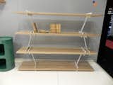 These precarious-looking shelves by Damien Gernay were a new introduction for Parisian brand ENO. Called Lumberjack, the shelves are an adjustable modular design made up of steel parts and solid oak planks.