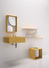 Mirror (€680), stool (€590), washbasin and basin mixer (€5,000), and wall shelves (€250 and €300).  Search “nendo” from Nendo for Bisazza Bagno