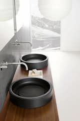 Bath Room, Wood Counter, and Vessel Sink Detail shot of the Inkstone wash-basins in Black Rock stone.  Search “animal-shot-glasses-by-good-grams.html” from Inky Inspiration