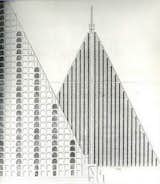 According to the Architectural Review, this is “Thomas Willson’s 1829 design for a 15-acre, 94-storey pyramid cemetery to be built on Primrose Hill, housing 5 million corpses accessed by steam-powered lifts." Photo from The Architectural Review.