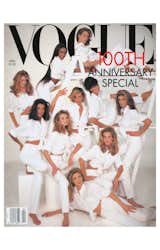 In 1992, Vogue celebrated its 100th anniversary with a roundup of the top supermodels, all dressed in a classic white button-up shirt.  Search “SFMoMA-75th-Anniversary-Show.html” from Vogue: 100 Iconic Covers