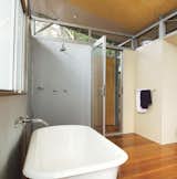 One of the bathroom walls was clad in steel. Harper and Irvine used BlueScope’s Zincalume Mini Orb, steel sheeting that has fine corrugations. It is usually employed as external cladding, so it is durable and highly resistant to moisture. www.bluescopesteel.com
