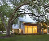 Oak trees are a precious but delicate feature of southern landscapes. Their shallow roots extend far from their bases and are vulnerable to light foot traffic—and certainly to building foundations. The team at +one design &amp; construction used a "coil pile" foundation system—essentially made of corkscrew-like supports—that allows this guest room to harmlessly float over the roots of an 80-year-old tree.