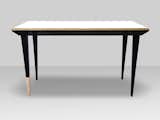 The Sutla table also uses white ash and powder-coated metal. The top is birch plywood top with a white laminate finish.