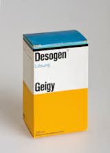 By the 60s, the packaging for all of Geigy's medications came with the identifying stripe and color blocks. Suddenly pharmacy shelves could be read as full of Geigy products from across the store. Max Schmid did the design.