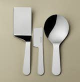 Industrial designer Konstantin Grcic designed the Accento series for Italian kitchen and tableware company Serafino Zani. The designer noted that the company exposed him to a culture that is "especially attentive to contemporary design and technology while at the same time having strong links with artisan traditions." From left to right: Servine Lifter, Cheese Knife, and Risotto Spoon