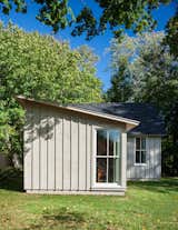 The siding is locally milled native white pine, with plywood soffits and Andersen windows.  Search “livework” from A Modern Live-Work Studio in Rhode Island