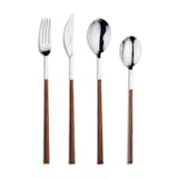 The elongated stems of this modern cutlery set suggest chopsticks with the function of Western utensils. Choose among five types of wood handles, including ones in wenge and teak.