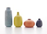 New Heath Ceramics glazes for the Heath Vase collection, from left: Cool Lava, Lemongrass, Tangerine, and Indigo.  Search “paneling cool again” from Heath Ceramics Get Spotty with New 'Cool Lava' Glaze