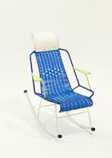 A brightly hued rocking chair woven from recycled materials can be enjoyed by adults and children alike.