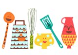 Kid-friendly kitchen gadgets illustration for a range of Jamie Oliver products (2010).