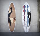 Architect and surfer David Hertz's Golden Means Eco-Board, with graphics taken from Le Corbusier’s Modular Man abstracted to represent the sine wave patterning of natural proportions found in the wave form.  Photo 2 of 8 in g r a p h i x by Kate Pedriani from Los Angeles Designers Tackle Surf and Skate Products for A+D Museum Gala
