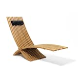 Constructed with 88 meticulously placed teak pieces, the Nozib Teak Lounger is both sleek and airy. The sturdy chair includes a water-resistant leather cushion that can be adjusted or removed. When not in use, the elegant lounger can be folded.  Photo 5 of 7 in Summer Teak Products We Love by Marianne Colahan