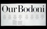 A new, standardized version of the Bodoni typeface. Vignelli refined this Bodoni to set specifically with Helvetica, since he couldn't find a Bodoni with the same size and proportions. He and Lella also designed a table with the same name: "Here is an example of interaction between one field of design and another. I call this the Bodoni Table, because the Bodoni typeface has big thick vertical strokes and very thin serifs, just as you see in this table."