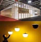 Luca Nicchetto's booth design for FontanaArte: The exterior shell is plastic, embossed with lamp silhouettes, while the interior is a connected series of brightly colored rooms, one hue for each of the company's new lighting introductions.