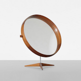 Mirror designed by Uno and Östen Kristiansson in 1960 for Luxus Vittsjö Sweden (1960). Teak, mirror, steel, oak; estimate $2,000–$3,000.  Search “sale” from Scandinavian Design on the Docket