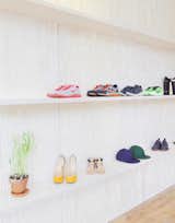 Colorful sneakers, high heels, and hats rest on wooden shelves. Photo via Petite Passport.