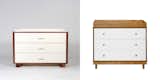 Here, two versions of the modern, clean-lined baby's changing table and dresser. On the left, Ducduc's hardwood Austin 3-Drawer Changer ($1595) and on the right, the Skip Changer Dresser by Babyletto, which combines New Zealand hardwood and MDF ($399). Both come with antitip hardware and removable changing trays. The price difference can be attributed to Ducduc's made-in-the-USA hardwood construction with rabbited joints and hand craftsmanship.