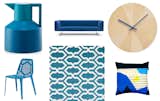 Clockwise from top left: Geo vacuum flask by Normann Copenhagen, Edward sofa by Poliform, Pieces of Time wall clock by Ding3000, Blue Mountain pillow cover  by lepetiteoiseau, Jali blue rug from The Rug Company, and Emu Pattern Seating by Arik Levy for Coalesse.