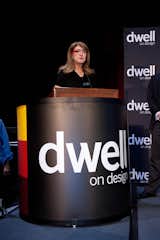 Before the awards presentation, Dwell president Michela O’Connor Abrams (sporting her Google Glass) announced the Dwell Vision Award, a collaboration between Dwell and Big Ass Fans. Photo by: Mimi Teller Rosicky.