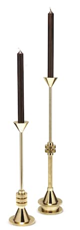 The Cog Candleholder series from Tom Dixon blends elegance and industrial inspiration. Each statuesque holder is made out of machined raw aluminum on a traditional lathe that is brass plated and finished with a clear lacquer. Without candles, the candleholders have a tremendous presence; with candles, the holders are defined by their substantial height.