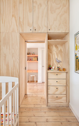 The full-height cabinets offer plenty of nooks and crannies where household goods can be hidden away. “Carefully considered storage provides space for each family member’s essentials, yet limits consumption and places greater value on the objects that they have chosen to live with,” Cousins says.