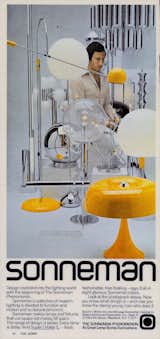 At the forefront of this 1970s advertisement is Sonneman’s Mushroom table lamp in a distinct mustard hue. It was constructed of spun aluminum and was topped off with a chrome tipped bulb. Though this piece is no longer in production, some of his original designs from the era are still around today.