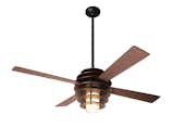 A statement-maker, the Stella Ceiling Fan has a sculptural aesthetic that will communicate well in a spacious interior. The large, open beehive-shaped structure encircles the cylindrical glass shade and motor housing, creating an organic, modern look. The plywood fan is available in mahogany or maple.