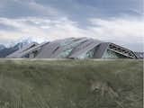 A rendering of the Medeu Sports Center by Audrey Matlock Architect, proposed for the foothills of the Tian Shan Mountains in Kazakhstan. The design calls for much of the center to be built below grade, leaving the zinc-clad roof and zig-zagging clerestories to make the building's architectural statement.