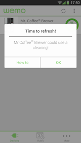 The device has two physical buttons: one to start/stop the brewing or cleaning cycle, and another to link the machine to Wi-Fi. The rest of the interface is controlled via Belkin’s WeMo app.
