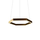 The Hex 750 Brass Pendant is a statement lighting fixture that is created from brass electroplated aluminum that is hand-brushed and finished in a clear matte lacquer that maintains and protects the distinctive finish. The entire hexagon shape is fixed with high output LED strips, which provide a strong and consistent diffusion of light.