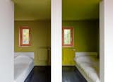 The pared-down aesthetic of the children’s bedrooms lets their chartreuse walls pop.