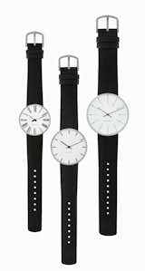 The AJ Watches take the classic Arne Jacobsen clock designs and makes them into personal accessories. The Banker’s Watch and City Hall Watches include a waxed calf’s leather strap and curved crystal cases.  Photo 2 of 6 in Check the Time with Classic Clocks and Watches by Marianne Colahan